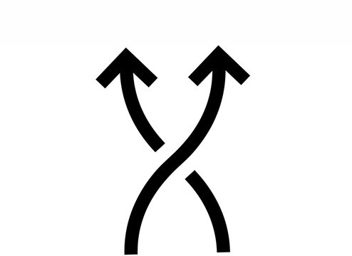 Two intersecting curved arrows point upwards in a minimalist black and white illustration, suggesting direction and intertwined pathways.