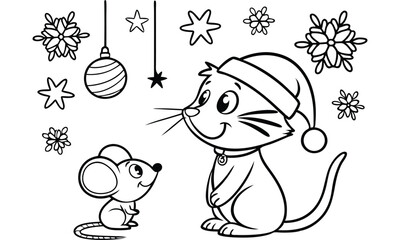 Cute cartoon cat wearing a santa hat and a small mouse with festive snowflakes and christmas ornaments in a whimsical winter scene perfect for holiday coloring pages