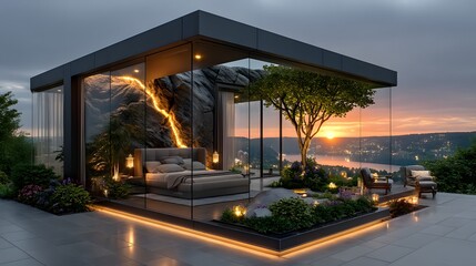 Cliffside retreat glass bedroom with ambient lighting high resolution wallpaper