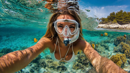 a woman in a bikini swims in the ocean with a camera in her hand and a fish in her mouth
