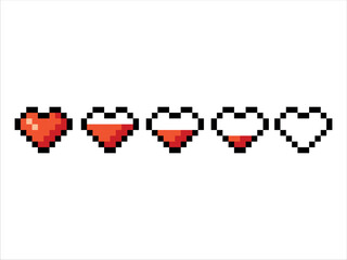 Heart. Health scale. Game elements. Retro 8 bit icons for old school platformer video game. Pixel art. Vector illustration isolated on white background.