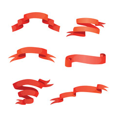 Set of red ribbons for decoration. Classic. Bow, award. Strip of fabric. Silk. Stamp. Place for inscription. Vector illustration on a white background.