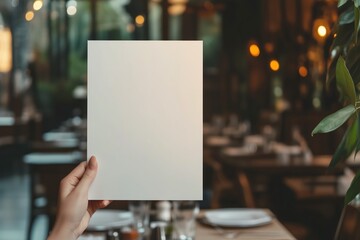 Hand Holding Blank Menu in Luxury Restaurant: Customizable Mockup.Placeholder Menu.