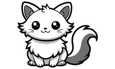 A cute cartoon illustration of a fluffy white fox with big black eyes and a bushy tail sitting and looking forward with a happy expression