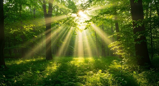 Hermosos rayos de luz solar en un bosque verde