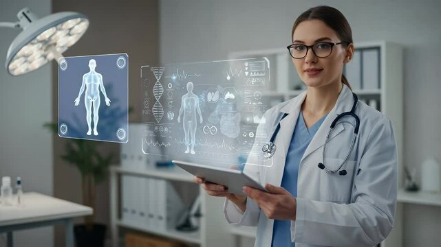 Doctor using a tablet with holographic medical data overlays in a clinic