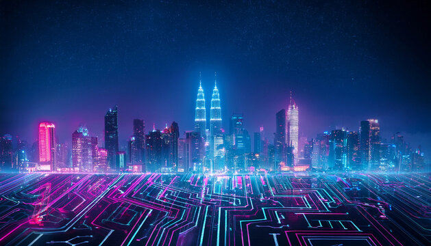 Futuristic cyberpunk city skyline illuminated with neon lights, digital circuit patterns glowing on the ground, symbolizing high-tech urban environments and advanced technology concepts.
