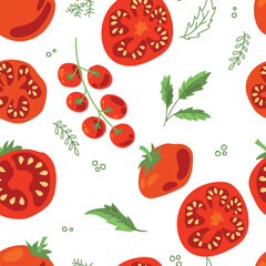 Seamless pattern of ripe tomatoes. Vegetables. Red tomatoes. Juicy Harvest. Healthy food. Vector illustration.