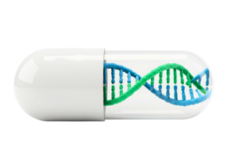 White capsule with glowing green dna helix inside isolated on transparent background