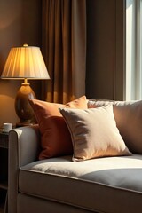 Luxurious Hotel Room Plush Sofa, Oversized Cushions, Relaxing Atmosphere. Perfect for Travel, Hospitality & Interior Design.