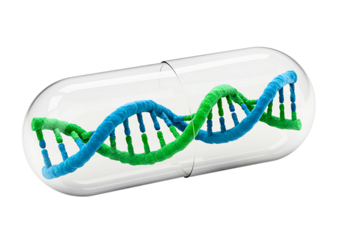 White capsule with glowing green dna helix inside isolated on transparent background