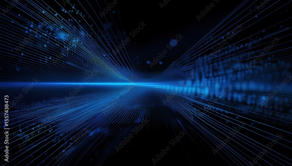 Poster futuristic blue light horizon with digital grid and speed lines creating a sci fi virtual tunnel for