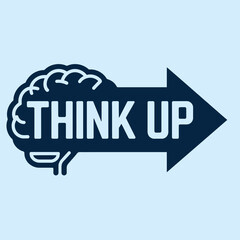 Stylized dark blue brain graphic with the words think up in white lettering forming an arrow pointing to the right on a light blue background