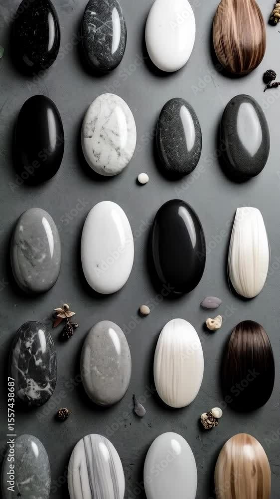 Poster collection of smooth egg-shaped stones with unique patterns and textures arranged on a grey backgrou