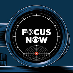 Focus now text with an eye symbol in the center of a scope or lens with a target and red dot in the background
