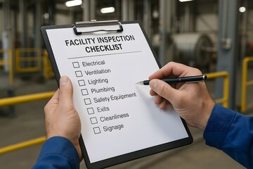 A close-up shot of a facility inspection checklist being reviewed, showcasing diligence in maintenance and adherence to regulations.