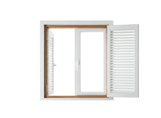 Open wooden plantation shutters on a white window frame isolated on transparent background