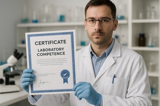 A focused lab scientist, holding a certificate, embodies scientific expertise and professional achievement in a modern laboratory environment.