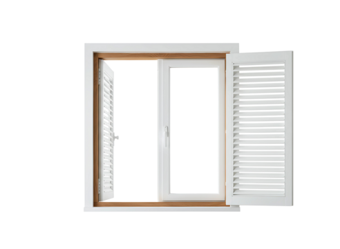 Open wooden plantation shutters on a white window frame isolated on transparent background
