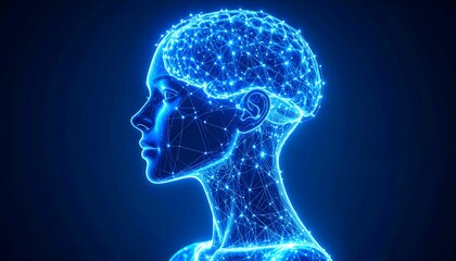 Obraz premium Glowing neon blue neural network forms a detailed human head on a dark futuristic background, showcasing intricate brain-like 3D render.