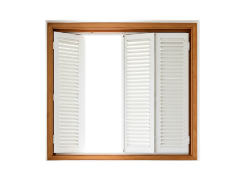 Open wooden plantation shutters on a white window frame isolated on transparent background