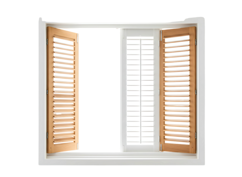 Open wooden plantation shutters on a white window frame isolated on transparent background
