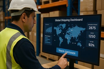 A warehouse worker analyzing global shipping dashboard, wearing safety helmet and vest, indicating on the screen, monitoring the status of containers.