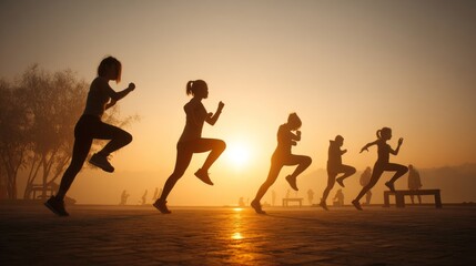 Group of people exercising in park at sunrise with silhouettes and warm glow. Group of people doing jumping jacks and lunges in a park during sunrise, fitness gear, motivational vibe