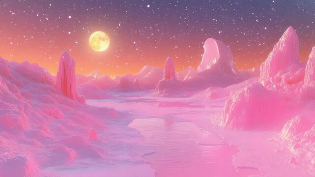A fantastical desert of crystalline formations beneath a vibrant pink night sky, illuminated by the full moon.