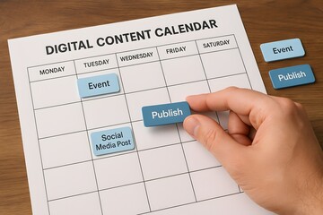 A close-up shot of a digital content calendar. A person's hand is seen placing "publish" note on a printed calendar.