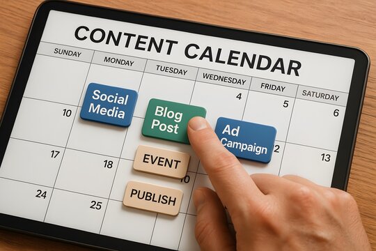 A detailed view of a digital tablet displays a content calendar, with a finger pointing at the 'Blog Post' block. This captures the concept of social media planning and digital content creation