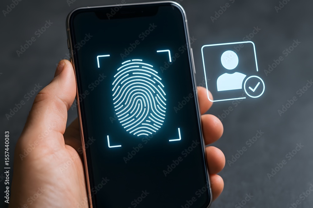 Poster a person's hand holds a smartphone, the fingerprint recognition feature is highlighted, with the foc