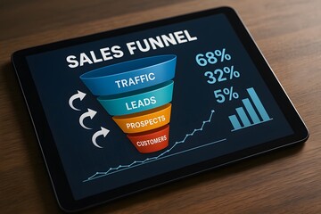 A modern tablet displays a vibrant sales funnel diagram, offering a clear, concise depiction of the customer journey. The digital graphic provides an accessible understanding of sales strategy.