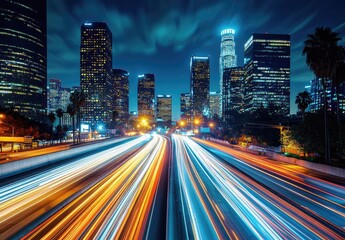 Night cityscape with a highway and light trails