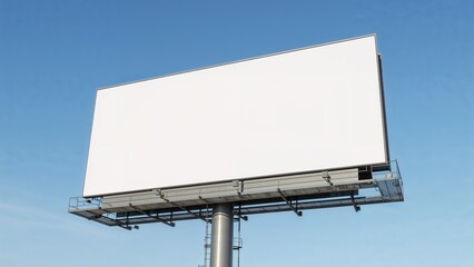 White billboard sign, 3D realistic advertisement with blank space. Blank white banner mockup on a big billboard. Empty bill board mock up isolated on gradient blue sky. Large outdoor billboard screen.