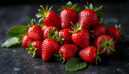 Fresh strawberries with green leaves on dark background  