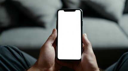 Hands holding a smartphone with a blank white screen, set against a blurred background.