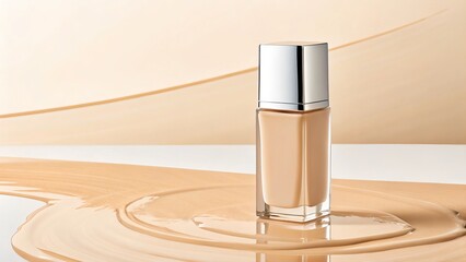 A sleek, transparent bottle of beige liquid foundation stands on a glossy, swirled makeup surface with a light peach background.