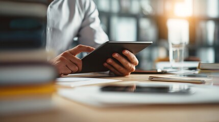 A person in a business setting using a digital tablet, surrounded by documents, with soft natural light in the background.