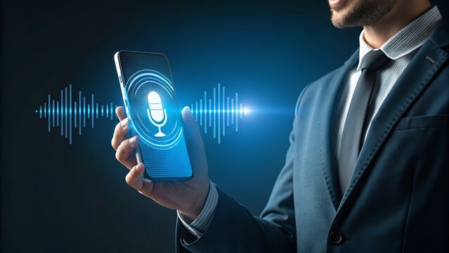 A businessman holds a smartphone displaying a glowing microphone icon, representing voice recognition and audio technology.