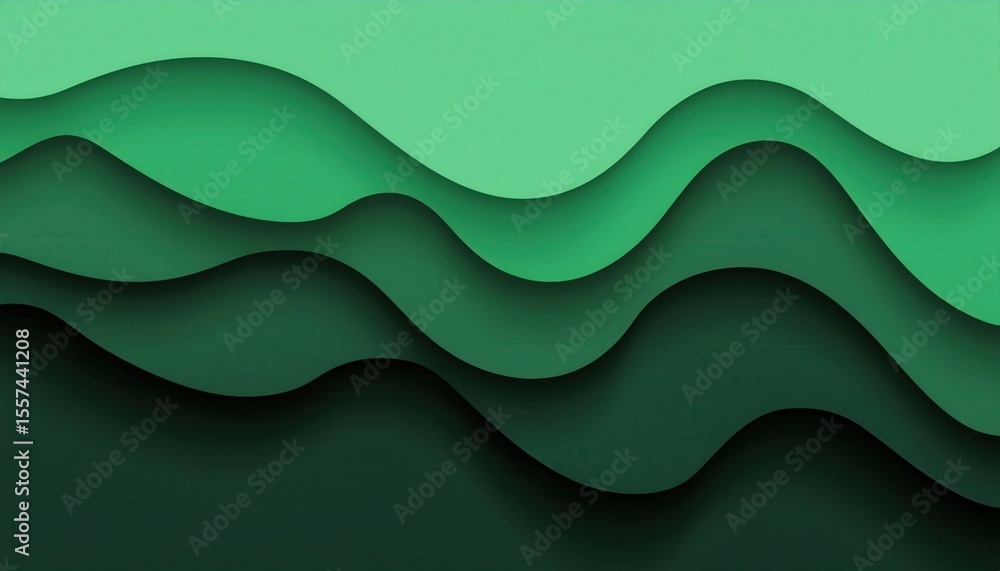 Poster layered green paper cut waves with dark shadows and gradient curves for abstract background or web d