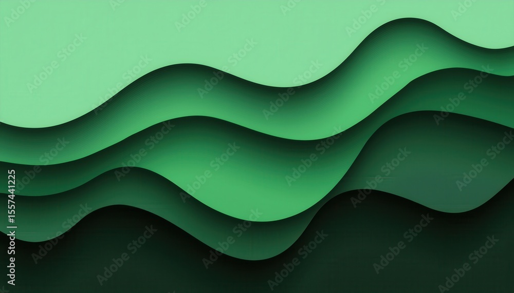 Poster layered green paper cut waves with dark shadows and gradient curves for abstract background or web d