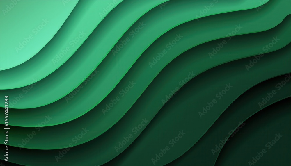 Poster layered green paper cut waves with dark shadows and gradient curves for abstract background or web d