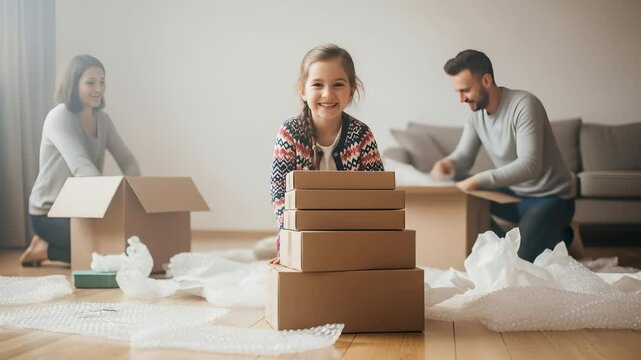 happy child smiles with stacked cardboard boxes while parents unpack in their new home.