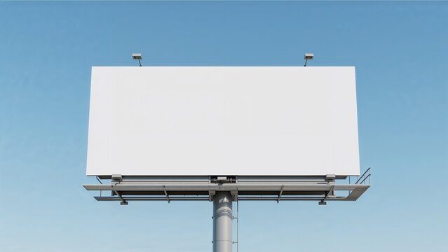 White billboard sign, 3D realistic advertisement with blank space. Blank white banner mockup on a big billboard. Empty bill board mock up isolated on gradient blue sky. Large outdoor billboard screen.