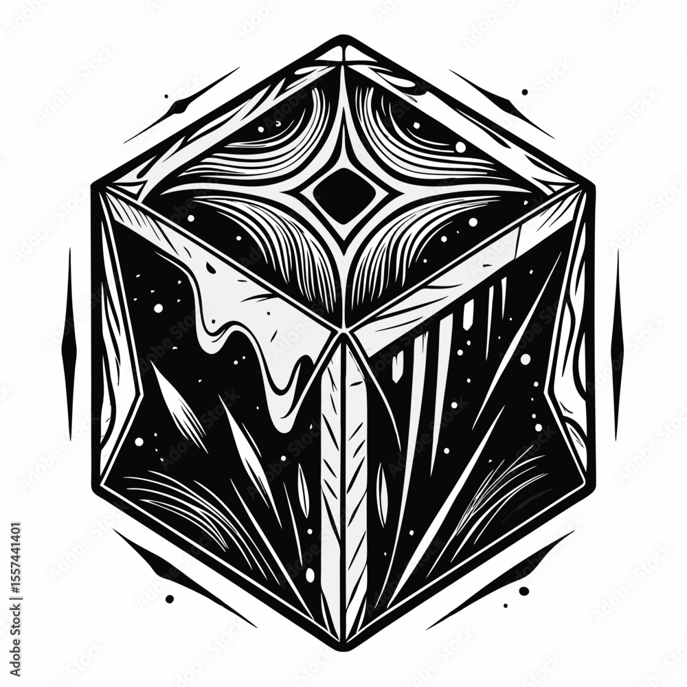 Poster abstract black and white cube with geometric patterns and cosmic elements