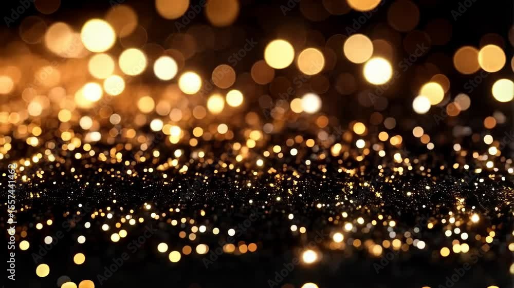 Poster abstract background with sparkling gold glitter dust and bokeh lights on dark surface. festive shimm