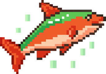 Colorful Pixel Art Fish with Green and Red Shades in Retro Style