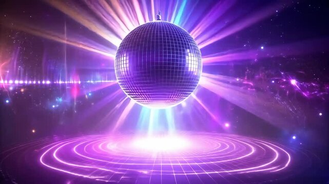 Glowing disco ball in galactic space emitting vibrant purple neon lights with retro futuristic ambiance
