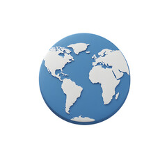 Fototapeta premium Minimalist 3D PNG Flat Globe Icon – Blue and White World Map Symbol for Global Themes and Geography